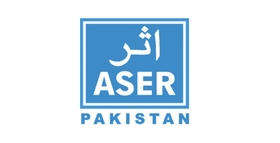ASER Pakistan logo showing the Pakistan and English writing “ASER” in white inside a blue rectangular. Under the square you can read the word “PAKISTAN” in blue.